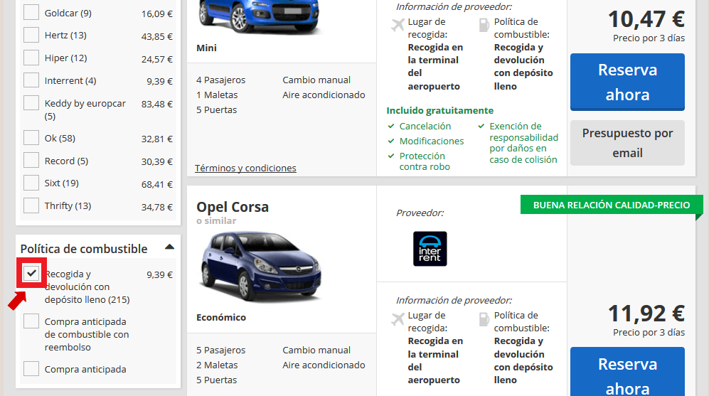 Alquiler coches Mallorca, política de combustible